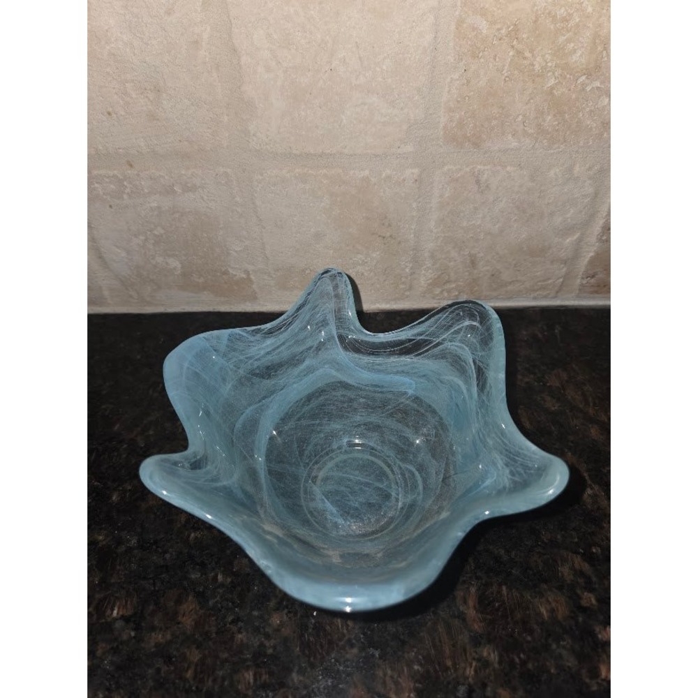 Vintage Murano Style Art Glass Ruffled Bowl Blue Swirl Alabaster Glass 6 Inch - Picture 1 of 4